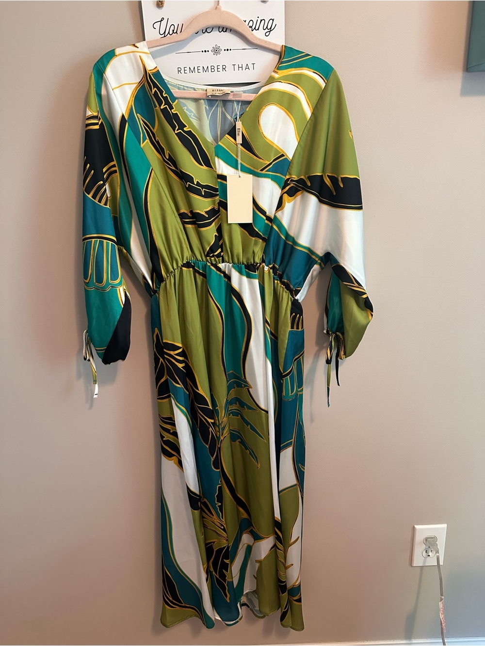 Elie Tahari Olive, Teal & White Printed Midi Dress